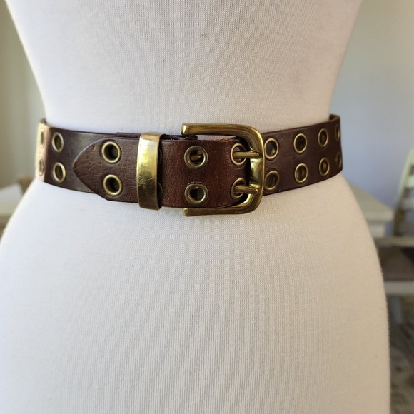 Linea Pelle Accessories - Brown Leather Grommet Belt with Brass Buckle - Women Accessories